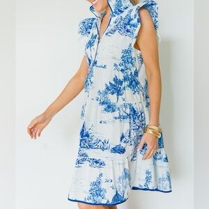 Umgee Toile Landscape Tiered Ruffle Sleeve Mini Dress in Blue & White Size Small